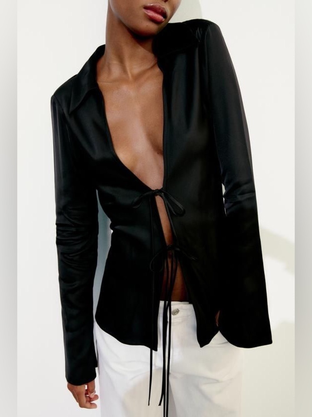 Zara Black Satin Tie-Front Top